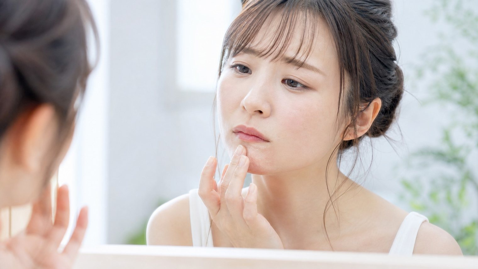 洗面所で口元・あご周りの肌の調子を指先でそっと確かめる女性のイメージ写真。
