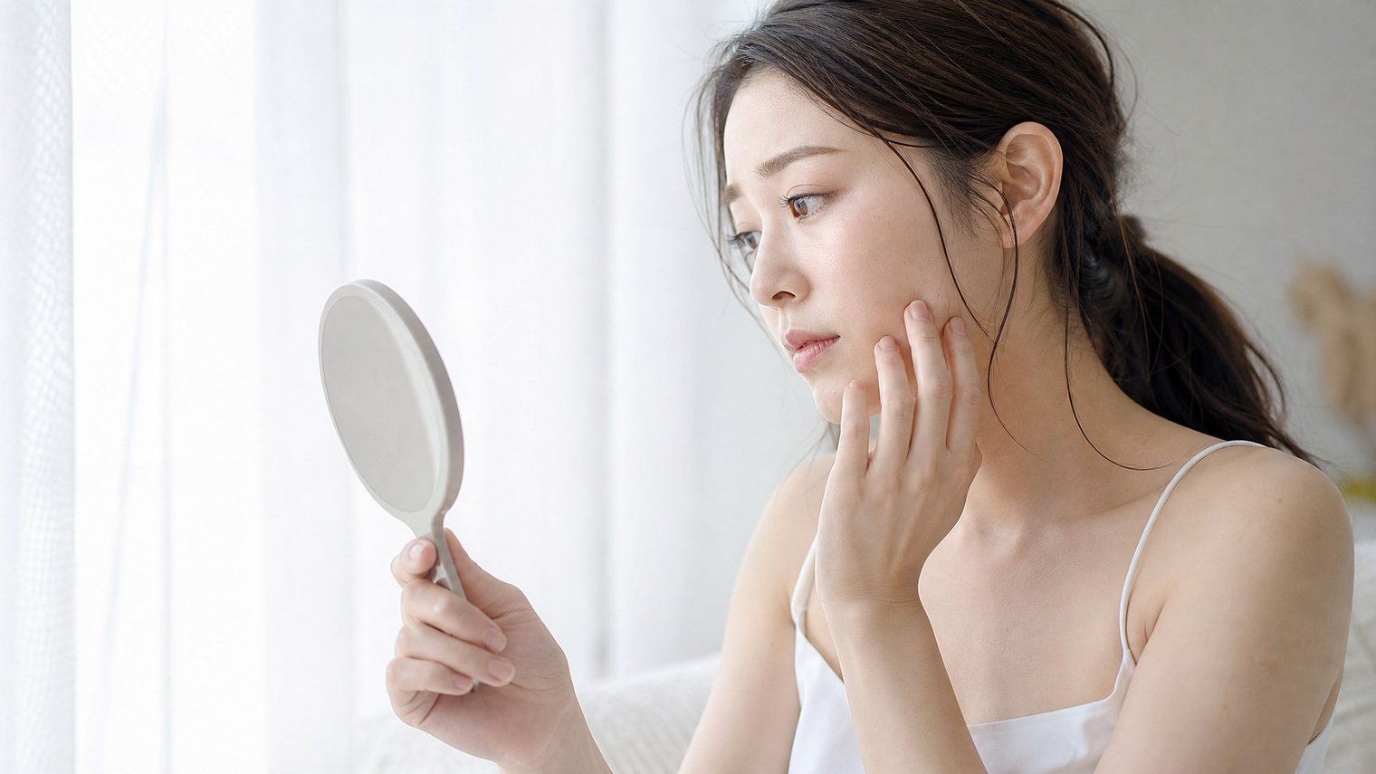 窓辺で鏡を手に、肌のトーンをやわらかい光の下で確かめる女性のイメージ写真。