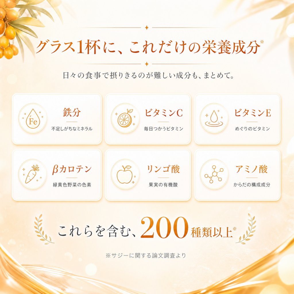 グラス1杯に含まれる栄養成分（鉄分・ビタミンC・ビタミンE・βカロテン・リンゴ酸・アミノ酸）これらを含む200種類以上。※サジーに関する論文調査より