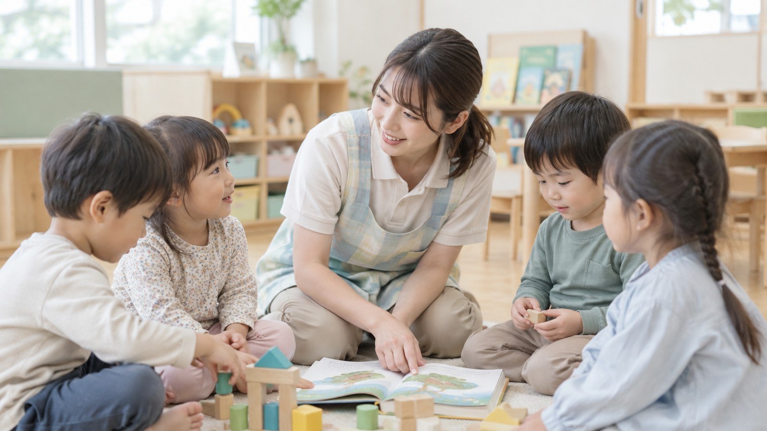 保育室で複数の子どもたちと向き合う保育士のイメージ写真。