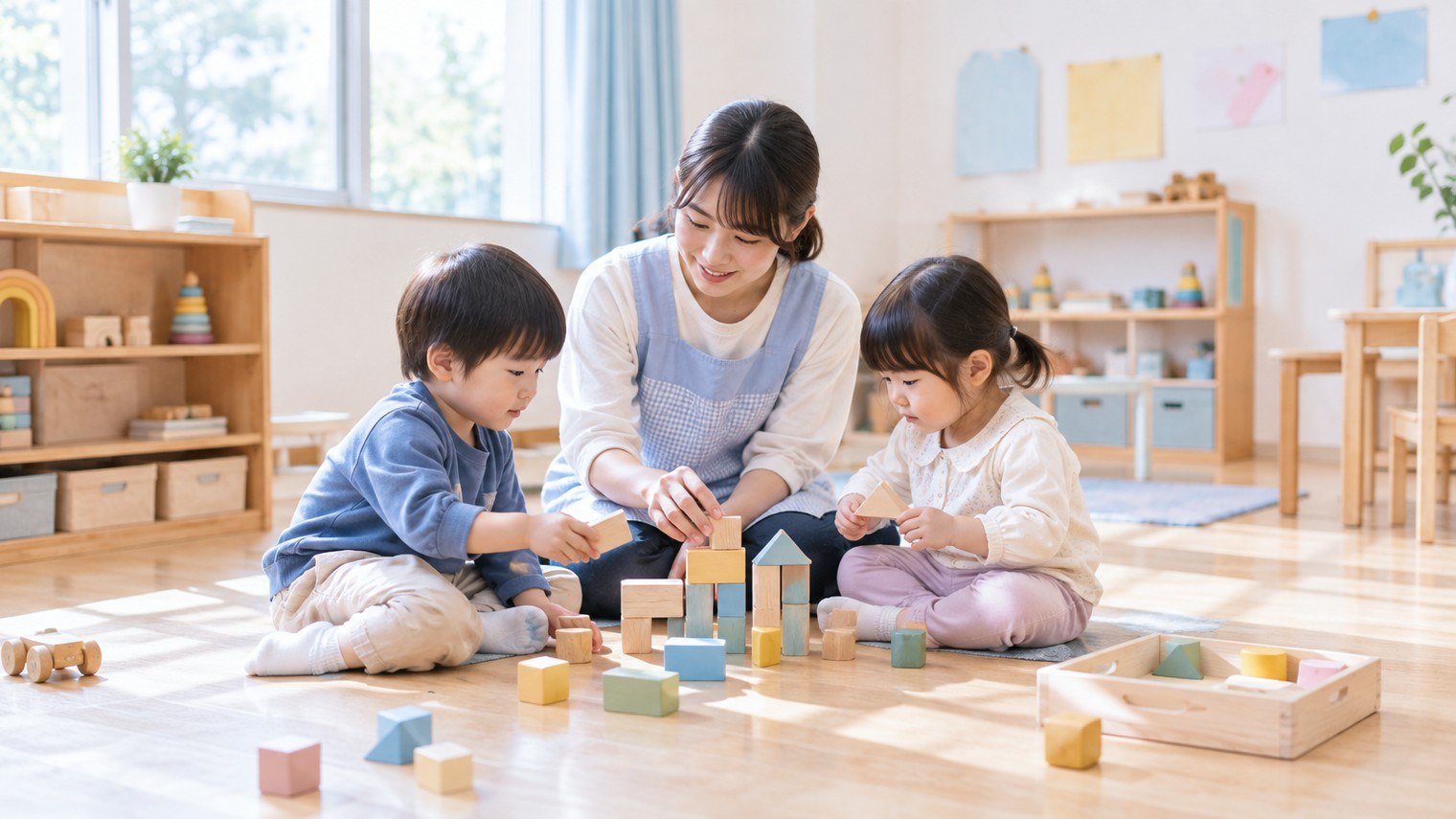 保育室で子どもたちと過ごす保育士のイメージ写真。
